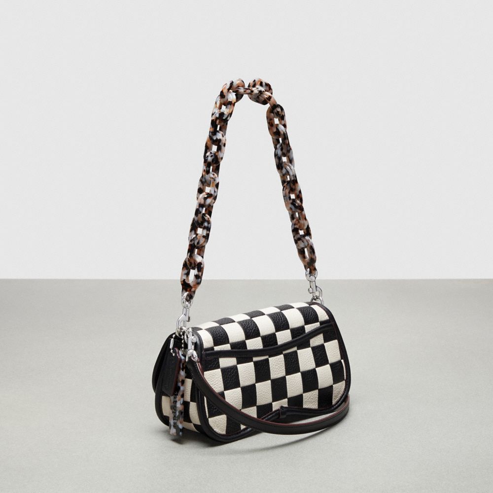 COACH®,Wavy Dinky Bag In Patchwork Checkerboard Upcrafted Leather,Upcrafted Leather™,Small,Checkerboard,Black/Chalk,Angle View