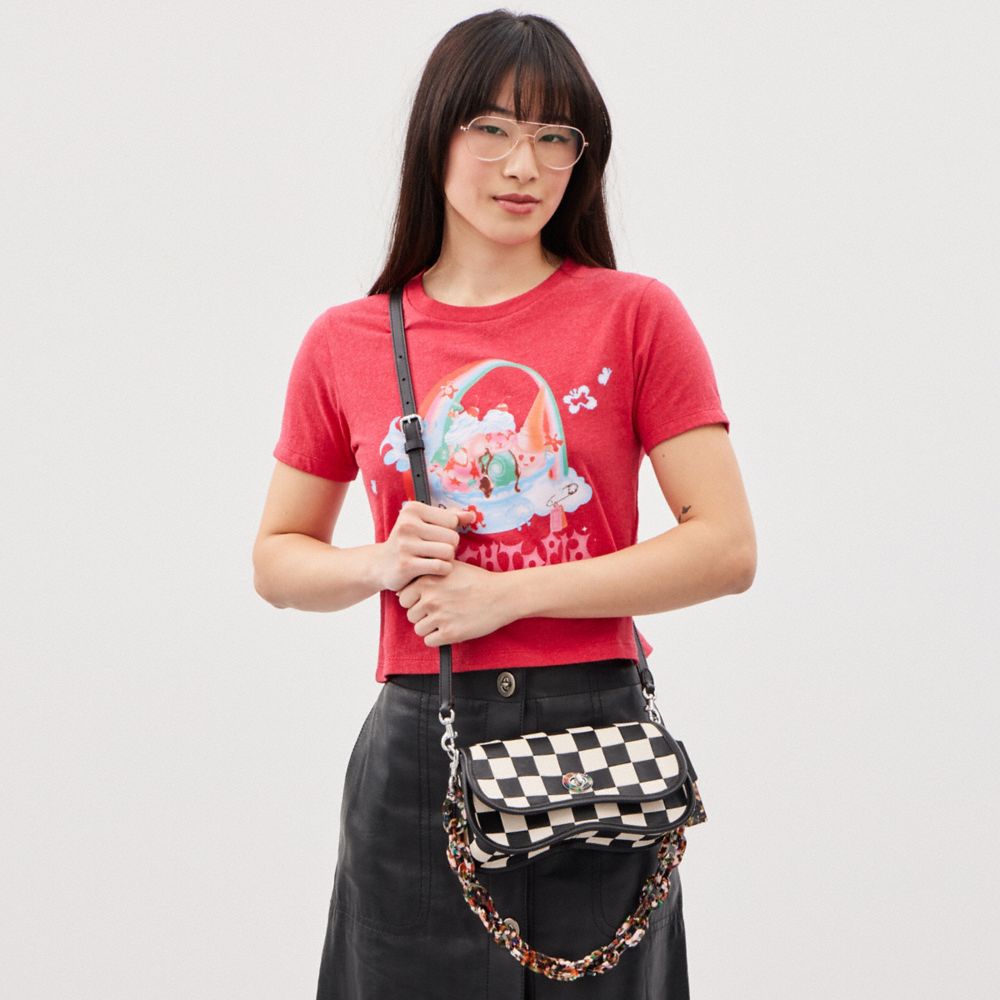 COACH®,Wavy Dinky Bag In Checkerboard Upcrafted Leather,Leather,Acrylic,Shoulder Bag,Plastic,Piping,Day Party,Multi Color,Detail View