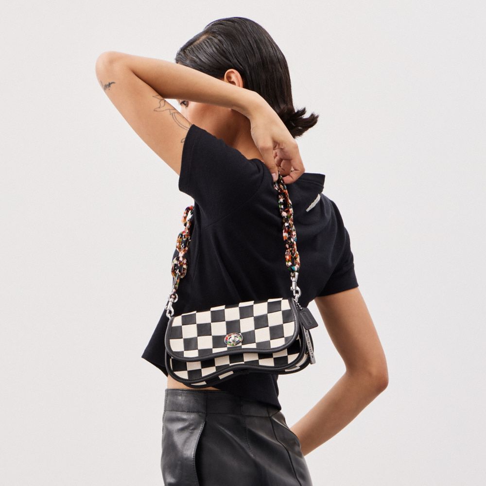 COACH®,Wavy Dinky Bag In Checkerboard Upcrafted Leather,Leather,Acrylic,Shoulder Bag,Plastic,Piping,Day Party,Multi Color,Detail View