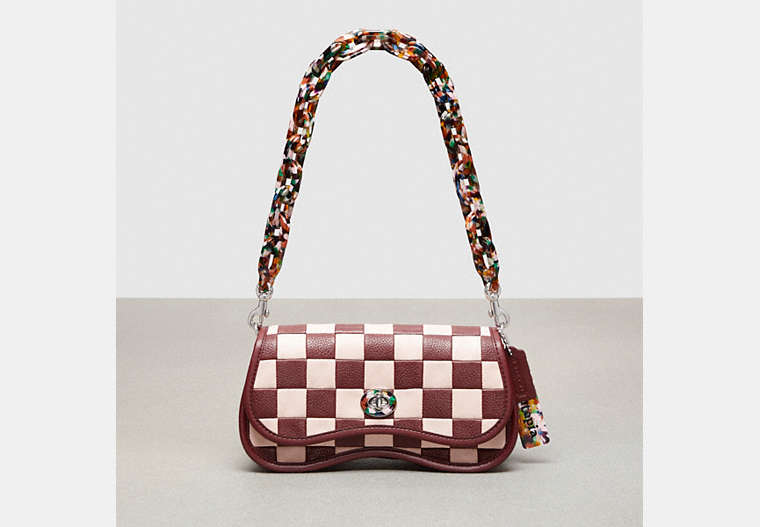 COACH®,Wavy Dinky Bag in Patchwork Checkerboard Upcrafted Leather,Upcrafted Leather™,Small,Checkerboard,Wine/Pink,Front View