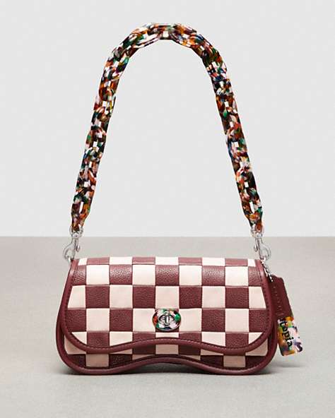 COACH®,Wavy Dinky Bag in Patchwork Checkerboard Upcrafted Leather,Upcrafted Leather™,Small,Checkerboard,Wine/Pink,Front View