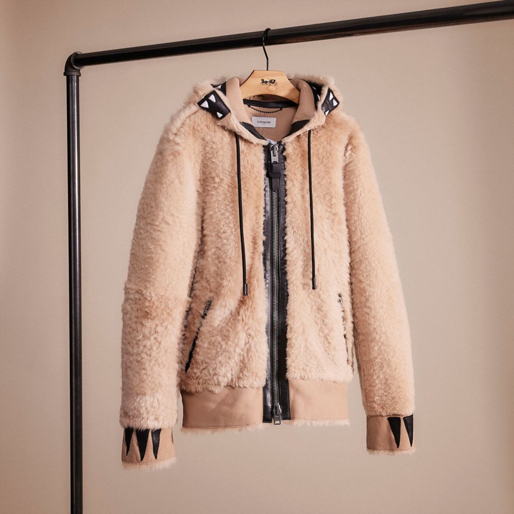 COACH®,RESTORED SHEARLING REXY HOODIE,Crossgrain Leather,Dirty Chai,Front View