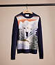 COACH®,RESTORED HOLIDAY INTARSIA SWEATER IN RECYCLED WOOL AND CASHMERE,Leather,Navy,Front View
