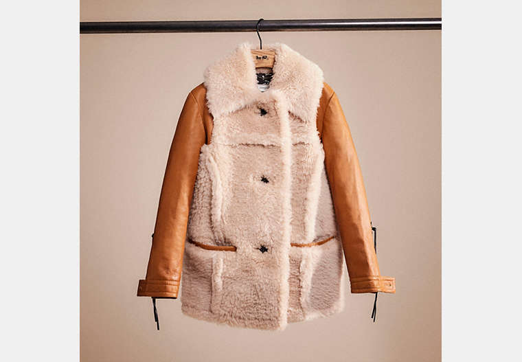 COACH®,RESTORED SHEARLING LEATHER COAT,Printed Coated Canvas,Dirty Chai,Front View