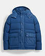 COACH®,SIGNATURE FRONT POCKET PUFFER JACKET,Deep Blue,Front View