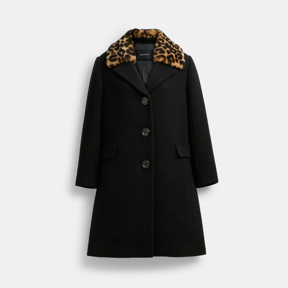 COACH®,WOOL COAT WITH SHEARLING COLLAR,Black,Front View