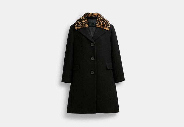 COACH®,WOOL COAT WITH SHEARLING COLLAR,Black,Front View