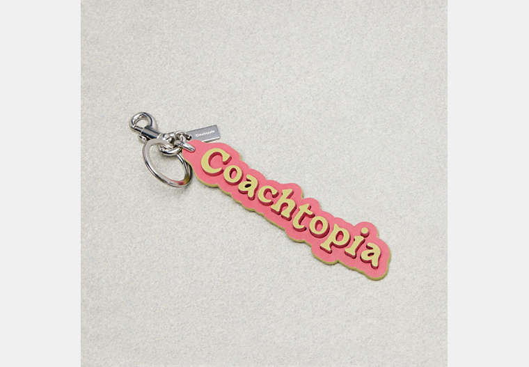 COACH®,Coachtopia Bag Charm in Coachtopia Leather,Coachtopia Leather,Strawberry Haze/Lime Green,Front View