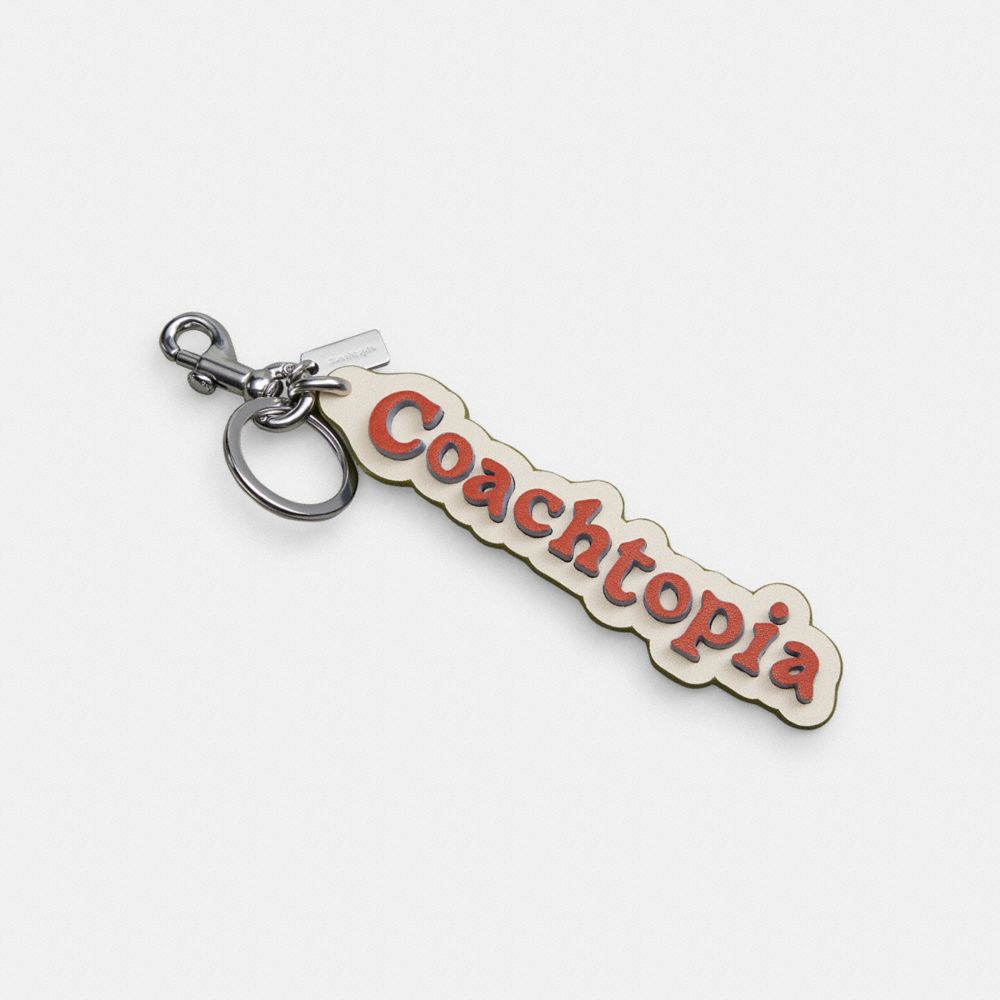 COACH®,Coachtopia Bag Charm In Coachtopia Leather,Coachtopia Leather,Deep Orange/Twilight Multi,Front View image number 0