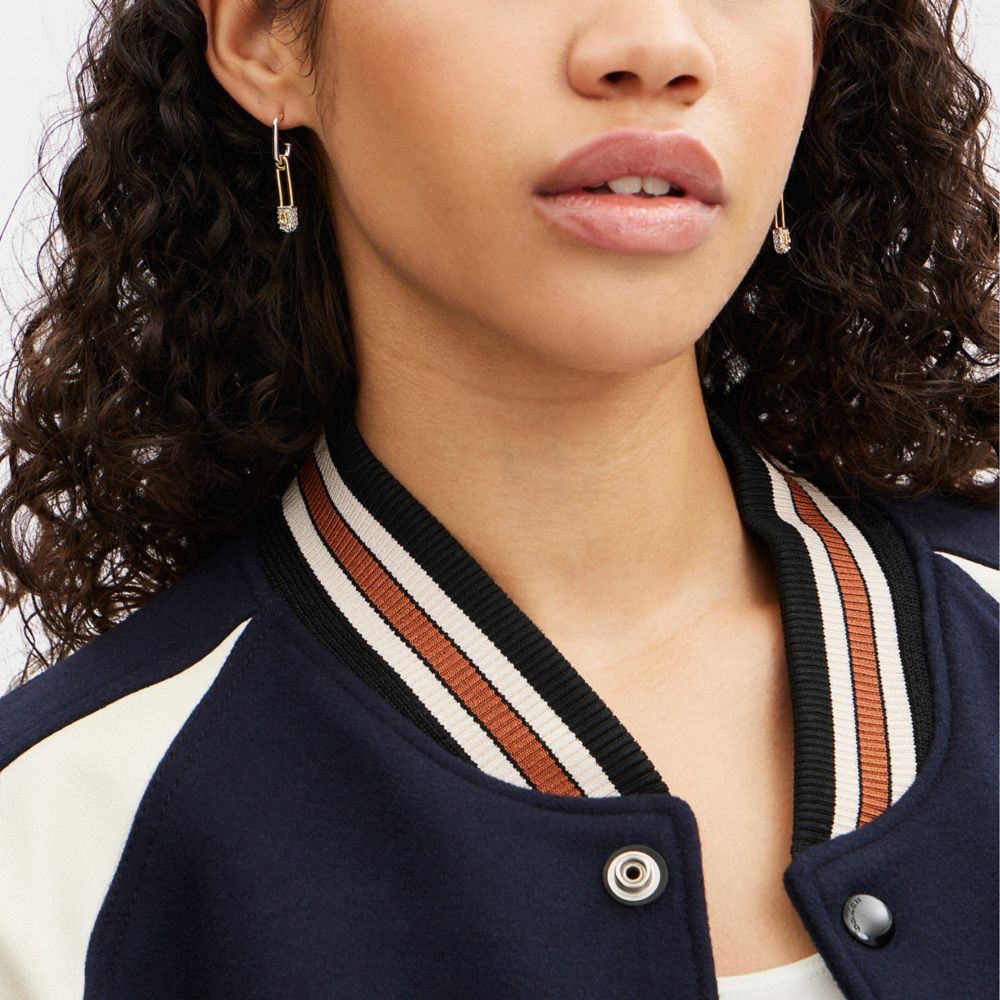 COACH®,SIGNATURE PAVÉ SAFETY PIN HUGGIE EARRINGS,Plated Brass,Gold/Silver,Detail View