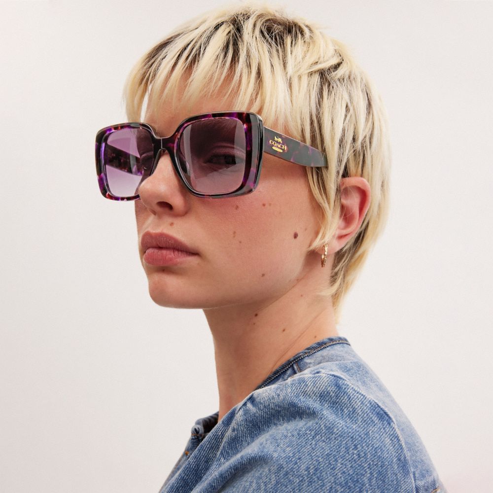 COACH®,OVERSIZED SQUARE SUNGLASSES,Purple Tortoise,Angle View