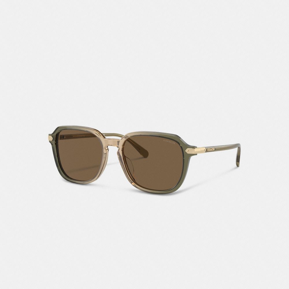 COACH®,WRAP-AROUND HANGTAG KEYHOLE SUNGLASSES,Green/Tan Gradient,Front View