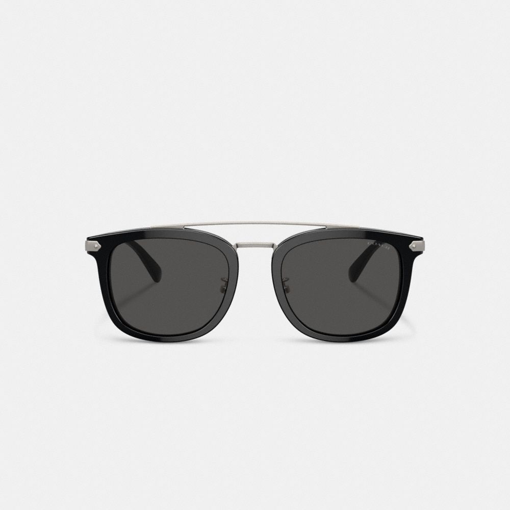 COACH®,Wrap Around Hangtag Browbar Sunglasses,Wayfarer,Tortoise,Logo,Metal,Brow Bar,Adjustable Nose Pads,Casual,Black,Inside View,Top View