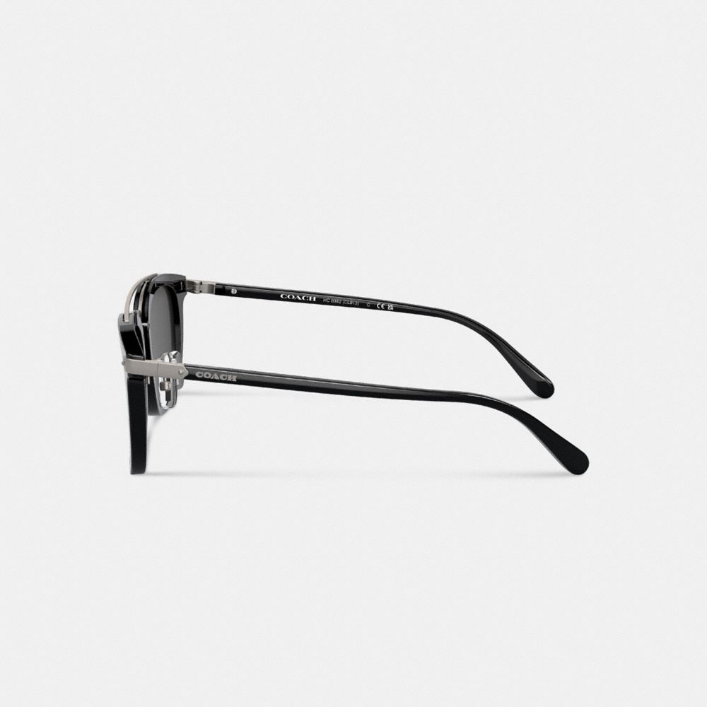 COACH®,Wrap Around Hangtag Browbar Sunglasses,Wayfarer,Tortoise,Logo,Metal,Brow Bar,Adjustable Nose Pads,Casual,Black,Alternate View