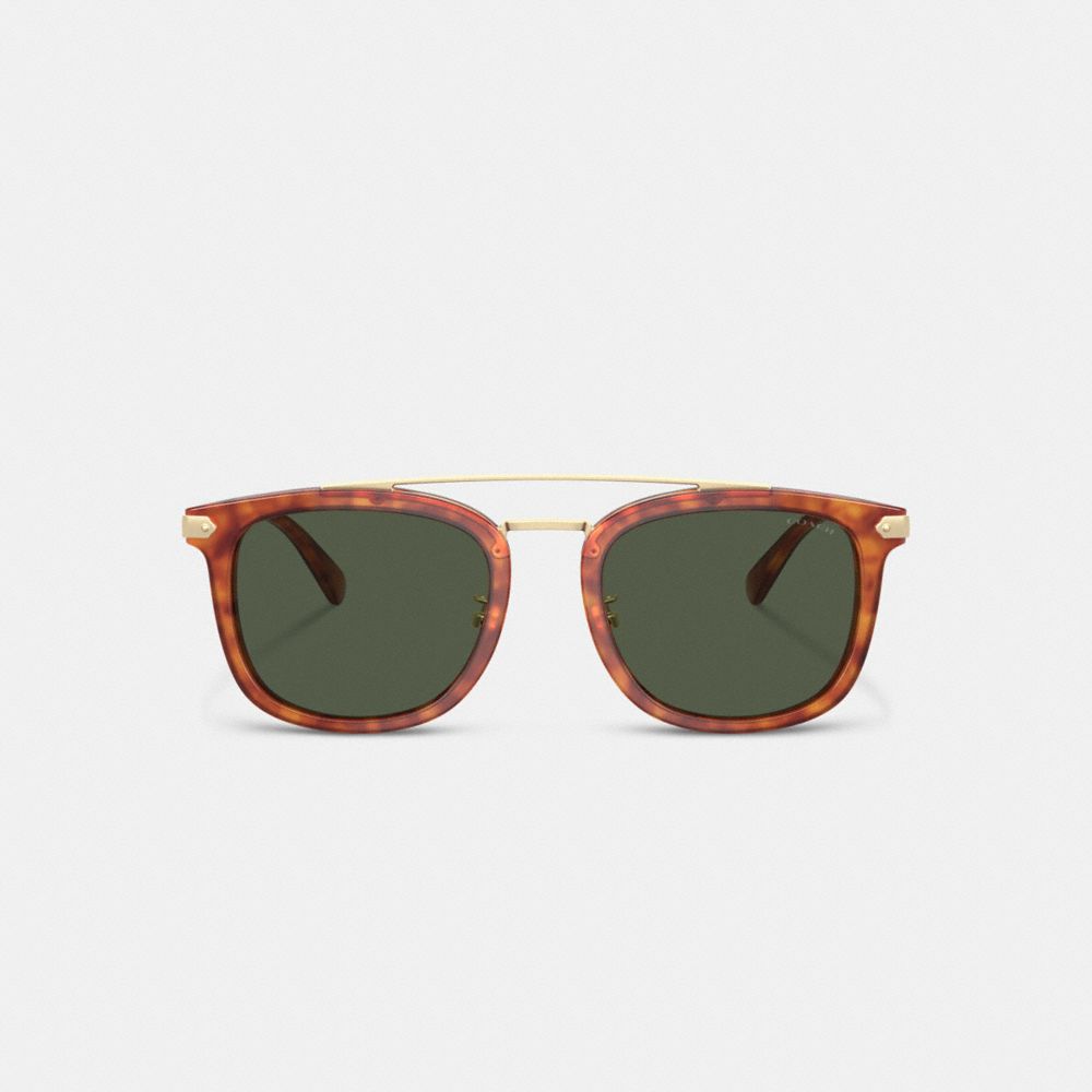 COACH®,Wrap Around Hangtag Browbar Sunglasses,Wayfarer,Tortoise,Logo,Metal,Brow Bar,Adjustable Nose Pads,Casual,Green,Inside View,Top View