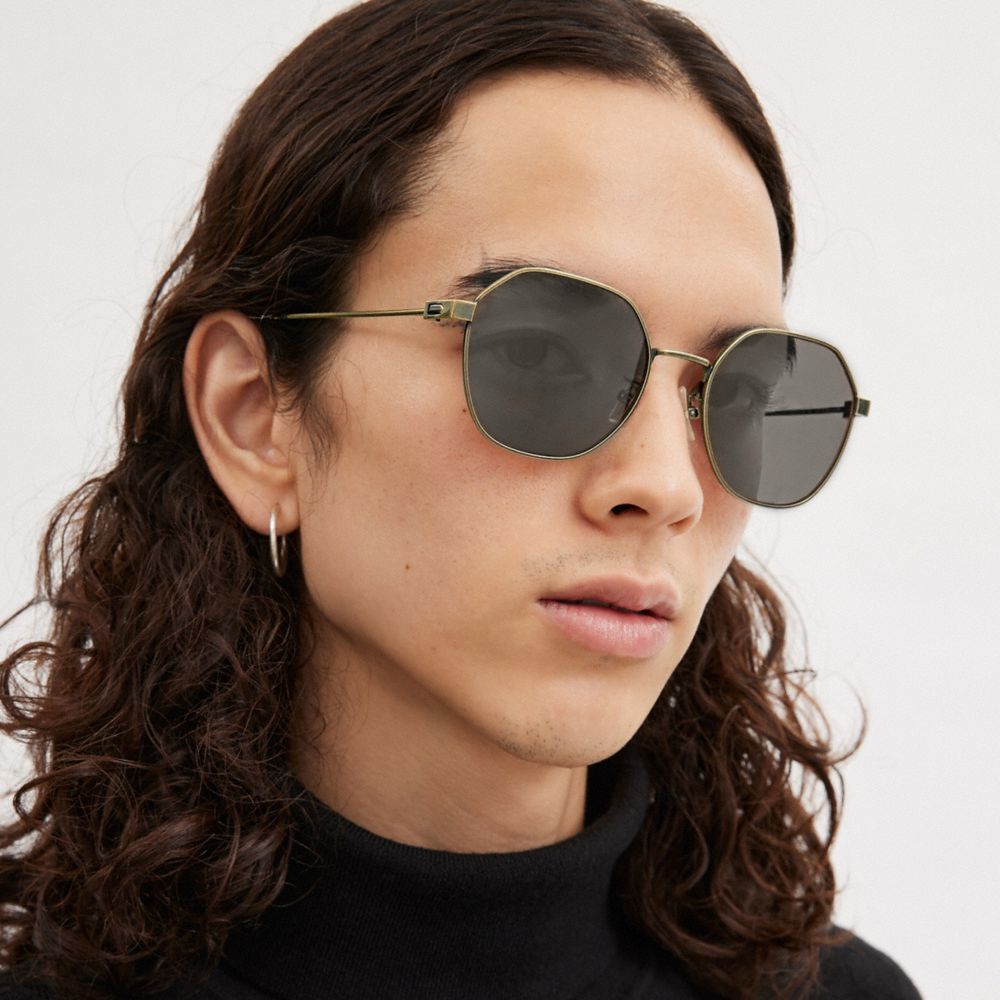 COACH®,HINGED GEOMETRIC ROUND SUNGLASSES,Gold Black,Angle View