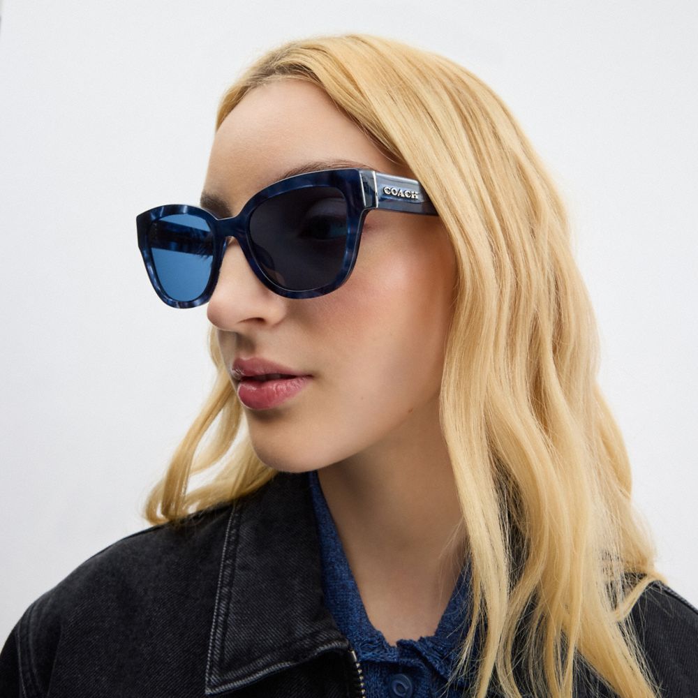 COACH®,Signature Round Sunglasses,Wayfarer,Plastic,Logo,Metal,Integrated Nose Pads,Casual,Navy,Angle View
