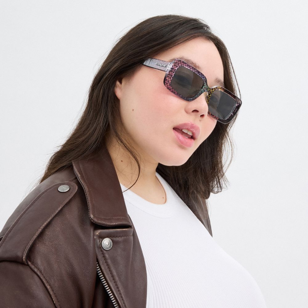 COACH®,Signature Oversized Rectangle Sunglasses,Square,Plastic,Logo,Metal,Integrated Nose Pads,Casual,Gray,Angle View