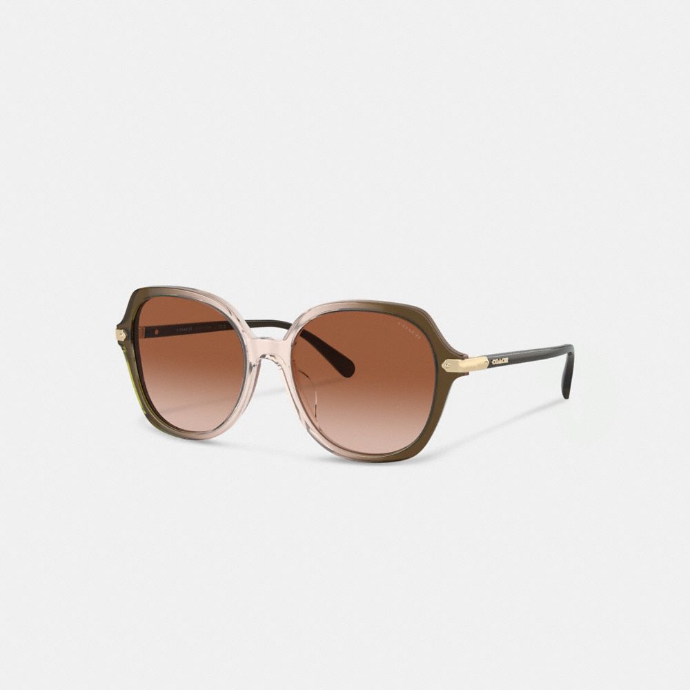 COACH®,WRAP-AROUND HANGTAG OVERSIZED GEOMETRIC ROUND SUNGLASSES,Green/Tan Gradient,Front View
