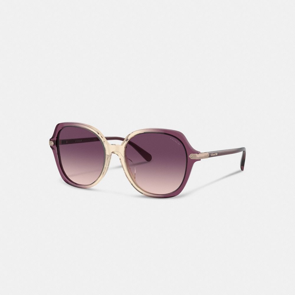 COACH®,WRAP-AROUND HANGTAG OVERSIZED GEOMETRIC ROUND SUNGLASSES,Purple/Beige Gradient,Front View