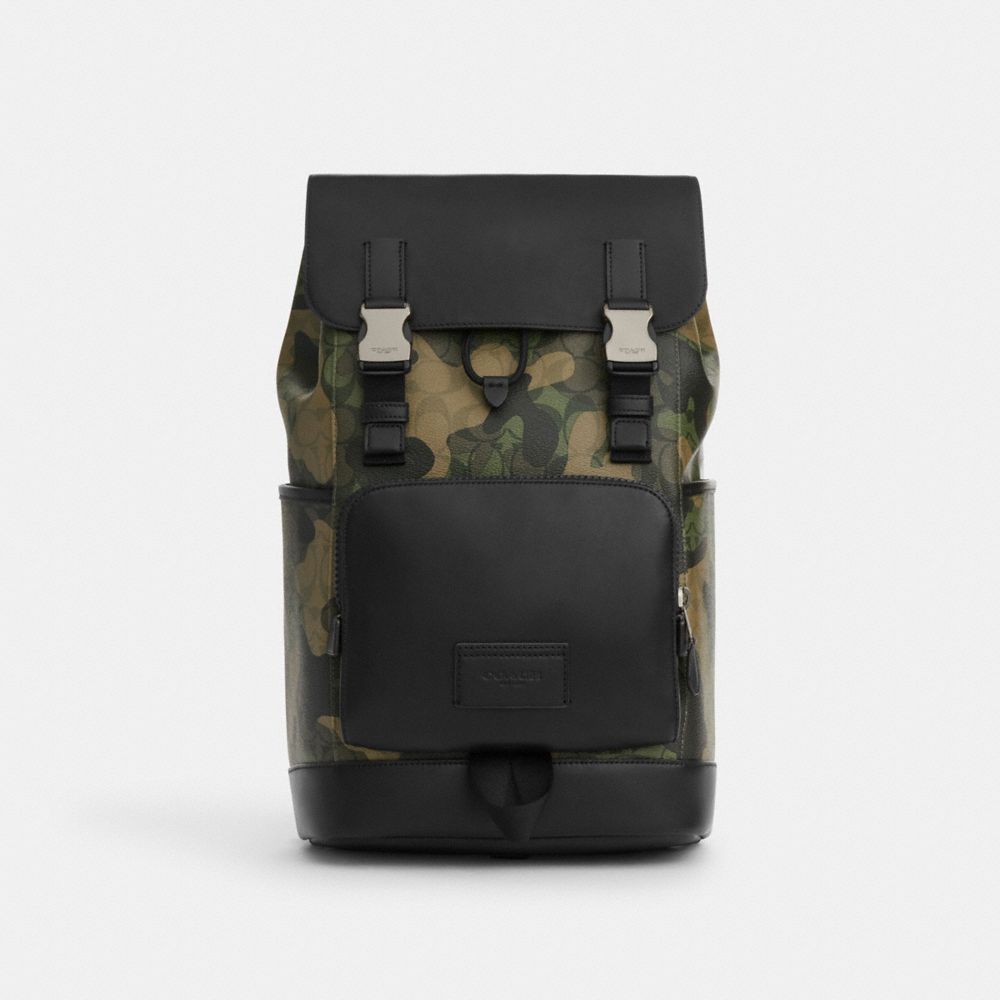 COACH®,TRACK BACKPACK IN SIGNATURE CANVAS WITH CAMO PRINT,Signature Coated Canvas,Gunmetal/Green Multi,Front View