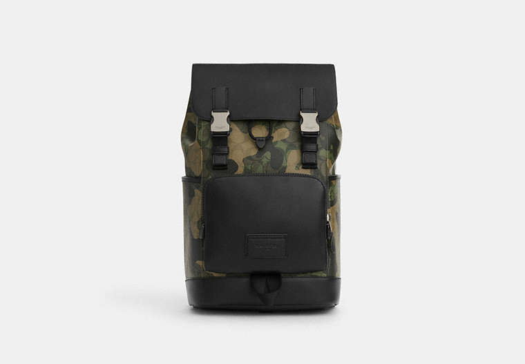 COACH®,TRACK BACKPACK IN SIGNATURE CANVAS WITH CAMO PRINT,Signature Coated Canvas,Gunmetal/Green Multi,Front View image number 0