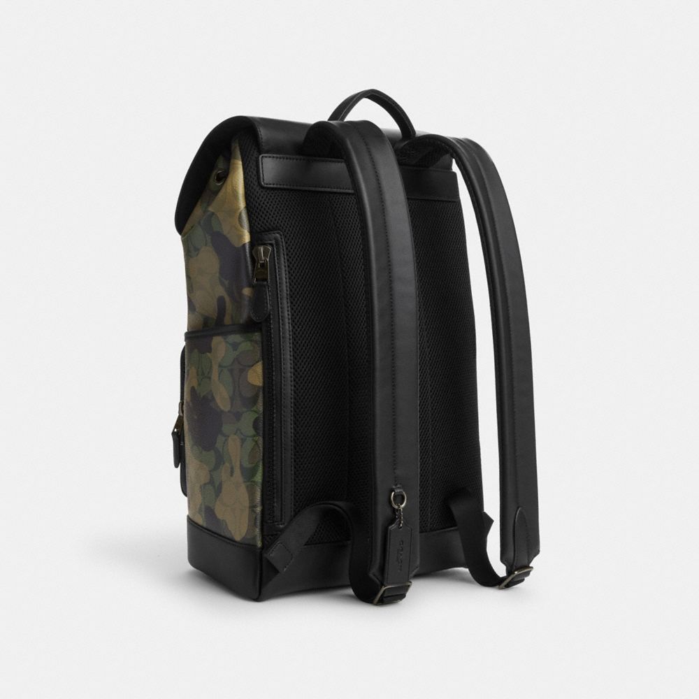 COACH®,TRACK BACKPACK IN SIGNATURE CANVAS WITH CAMO PRINT,Signature Canvas,X-Large,Gunmetal/Green Multi,Angle View