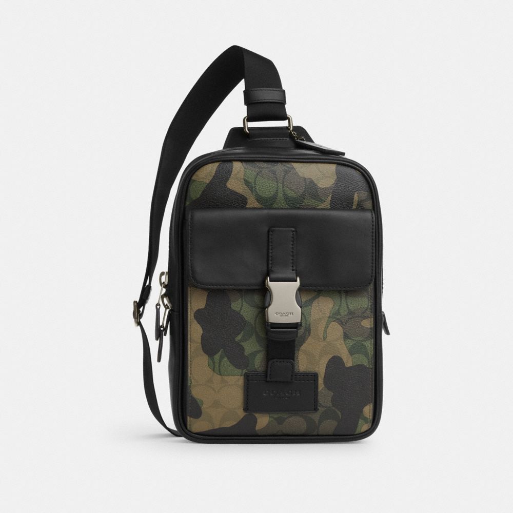 COACH®,TRACK PACK IN SIGNATURE CANVAS WITH CAMO PRINT,Signature Canvas,Medium,Gunmetal/Green Multi,Front View