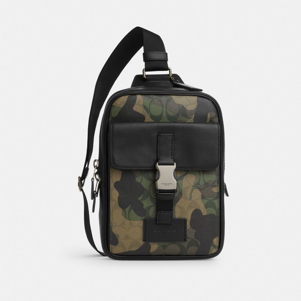 COACH®,TRACK PACK IN SIGNATURE CANVAS WITH CAMO PRINT,Signature Coated Canvas,Medium,Gunmetal/Green Multi,Front View