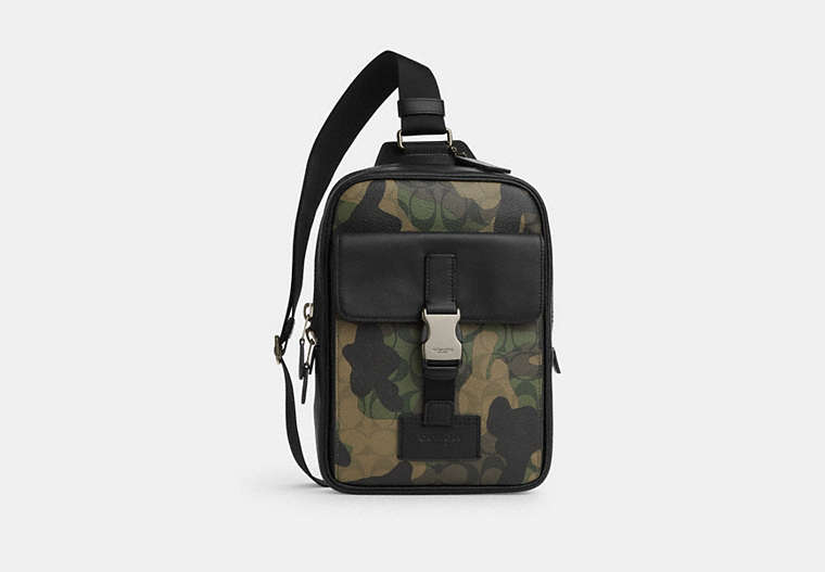 COACH®,TRACK PACK IN SIGNATURE CANVAS WITH CAMO PRINT,Signature Coated Canvas,Gunmetal/Green Multi,Front View image number 0