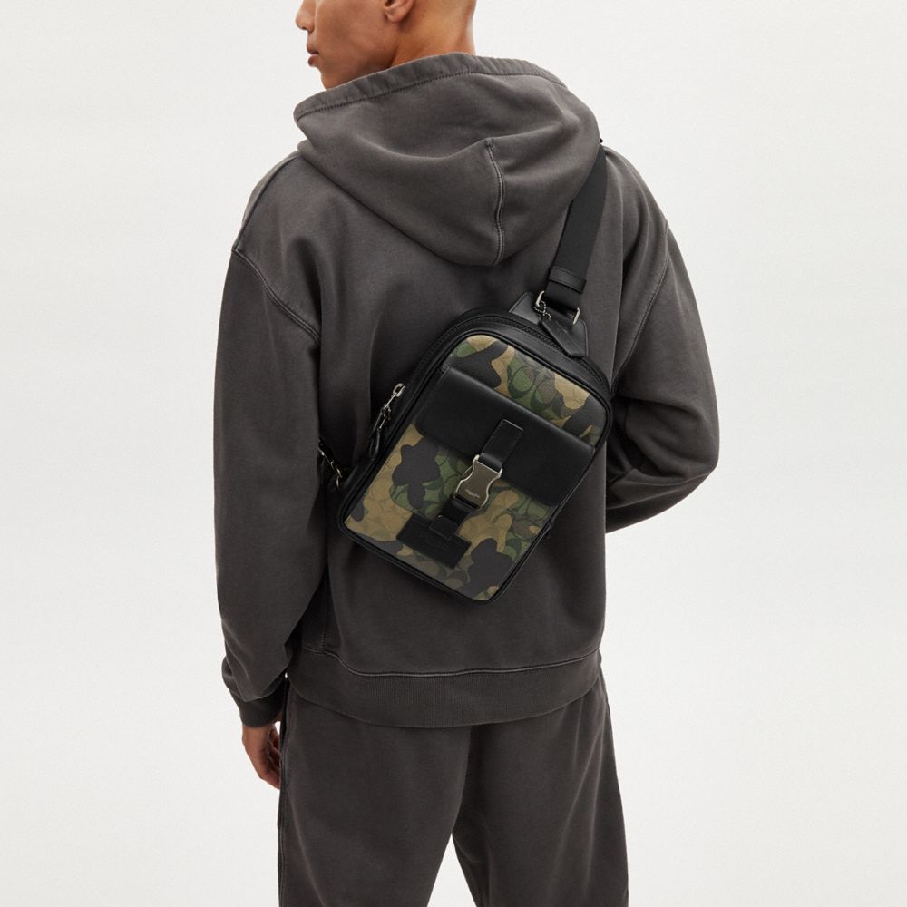 COACH®,Track Pack In Signature Canvas With Camo Print,Canvas,Calfskin Leather,Slingback,PVC,Color Block,Logo,Chest Waist S...,Multi Color,Detail View