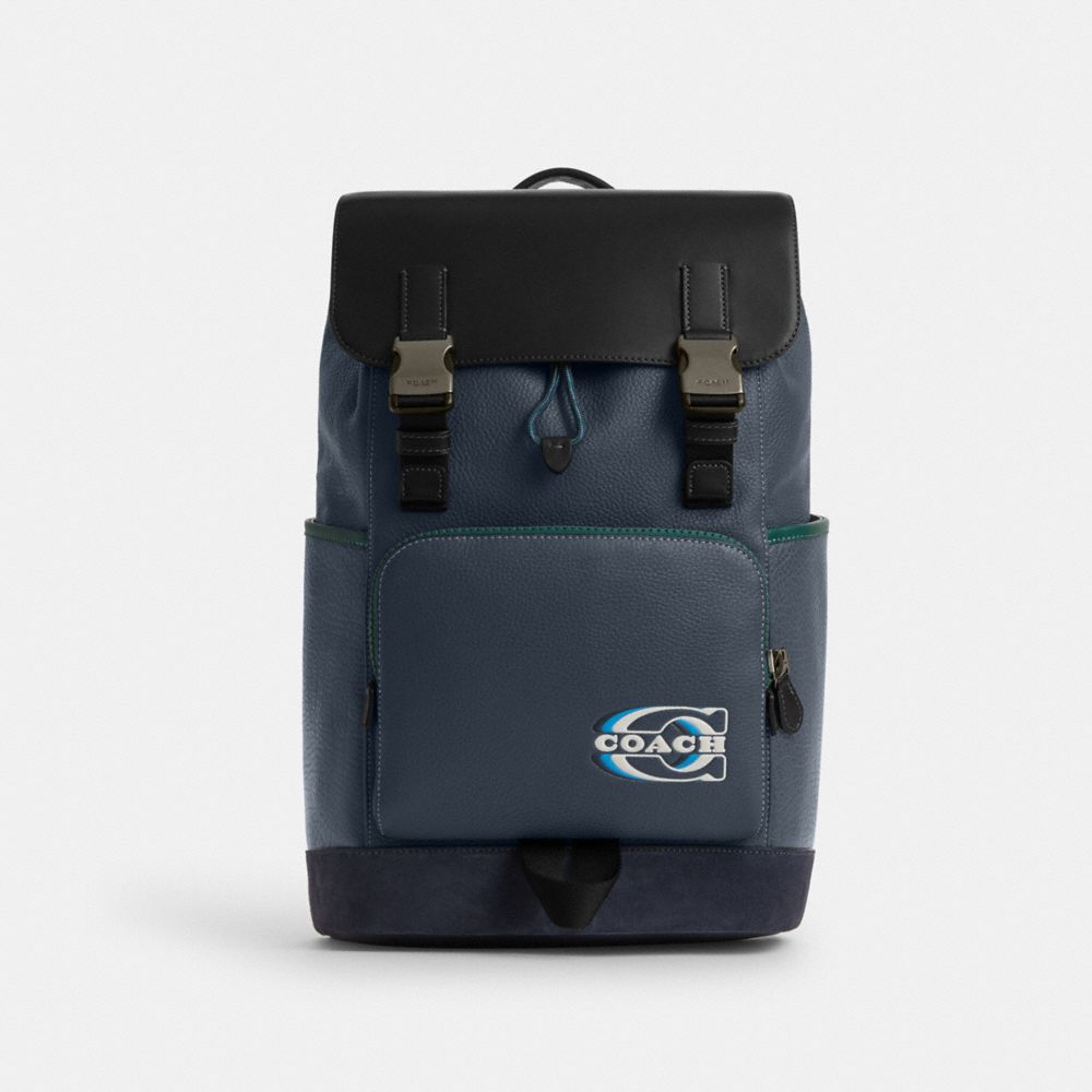 COACH®,TRACK BACKPACK IN COLORBLOCK WITH COACH STAMP,Suede,X-Large,Gunmetal/Denim Multi,Front View
