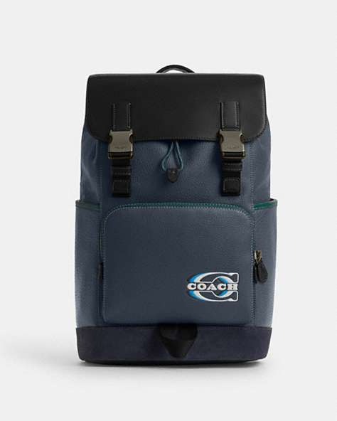 COACH®,TRACK BACKPACK IN COLORBLOCK WITH COACH STAMP,Suede,X-Large,Gunmetal/Denim Multi,Front View