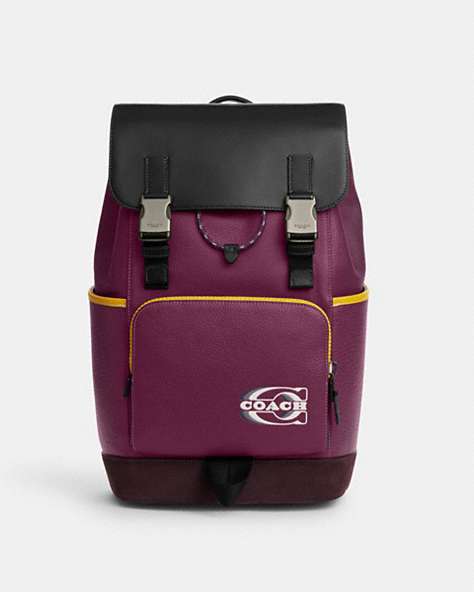 COACH®,TRACK BACKPACK IN COLORBLOCK WITH COACH STAMP,Suede,X-Large,Black Antique Nickel/Deep Berry Multi,Front View