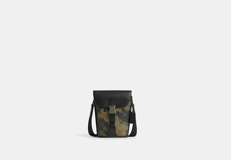 COACH®,TRACK SMALL FLAP CROSSBODY IN SIGNATURE CANVAS WITH CAMO PRINT,Signature Coated Canvas,Gunmetal/Green Multi,Front View