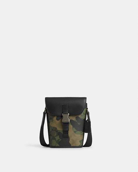 COACH®,TRACK SMALL FLAP CROSSBODY IN SIGNATURE CANVAS WITH CAMO PRINT,Signature Coated Canvas,Small,Gunmetal/Green Multi,Front View