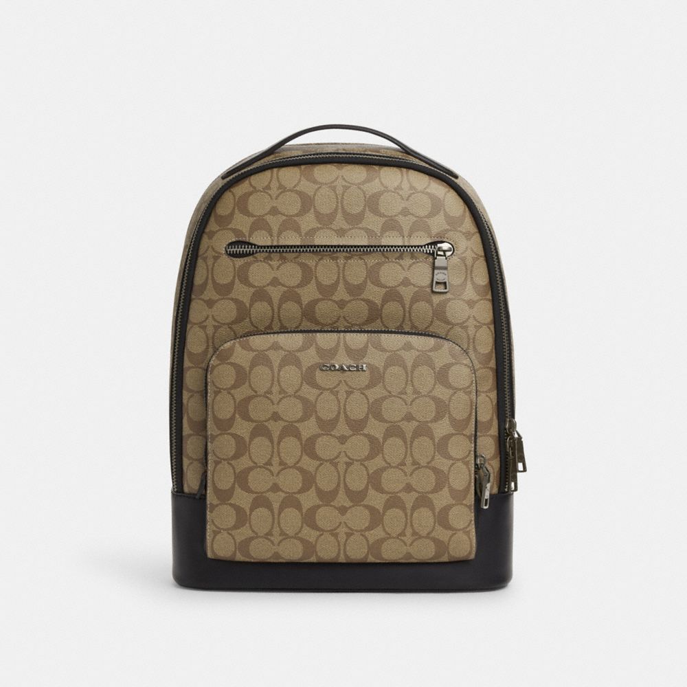 COACH®,ETHAN BACKPACK IN SIGNATURE CANVAS,Signature Canvas,X-Large,Gunmetal/Khaki,Front View