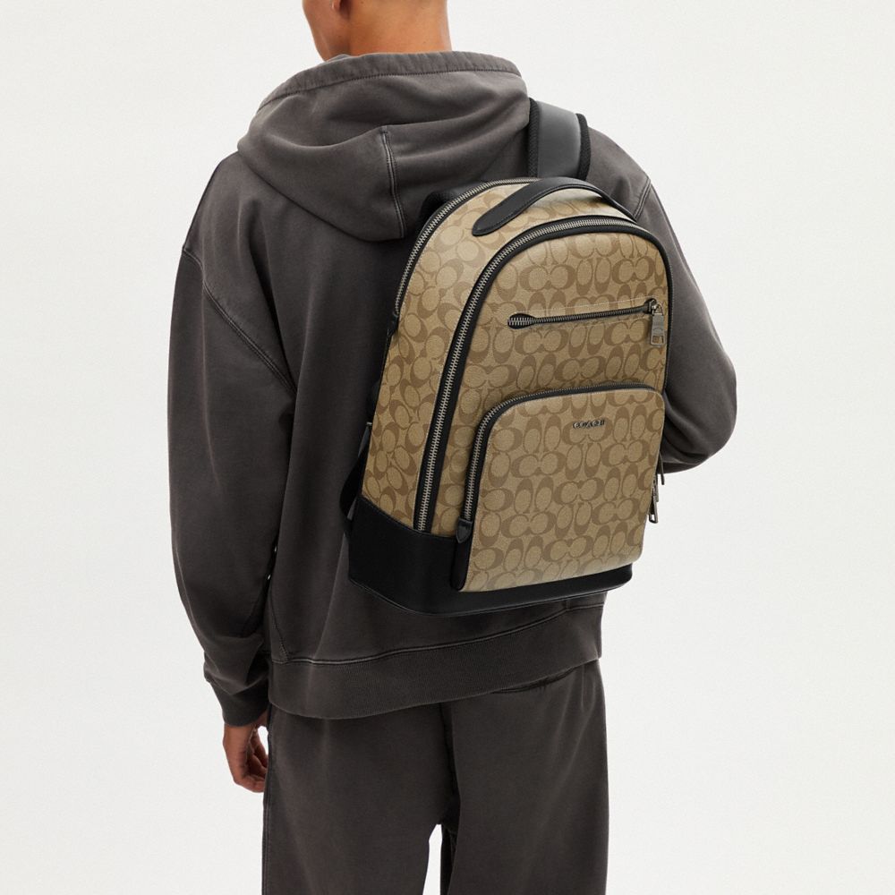 COACH®,Ethan Backpack In Signature Canvas,Calfskin Leather,Canvas,Backpack,Logo,Color Block,Pen Holder,Casual,Brown,Detail View