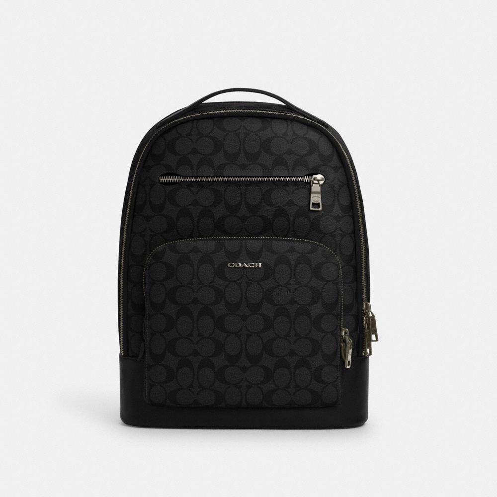 COACH®,ETHAN BACKPACK IN SIGNATURE CANVAS,Signature Canvas,X-Large,Gunmetal/Black/Black,Front View image number 0