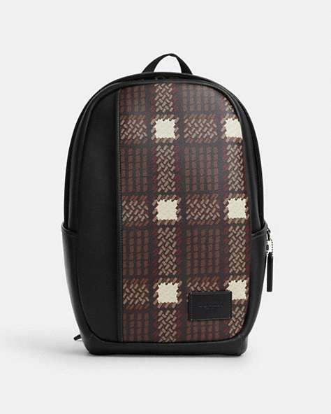COACH®,EDGE BACKPACK WITH PLAID PRINT,Coated Canvas,X-Large,Gunmetal/Black Multi,Front View
