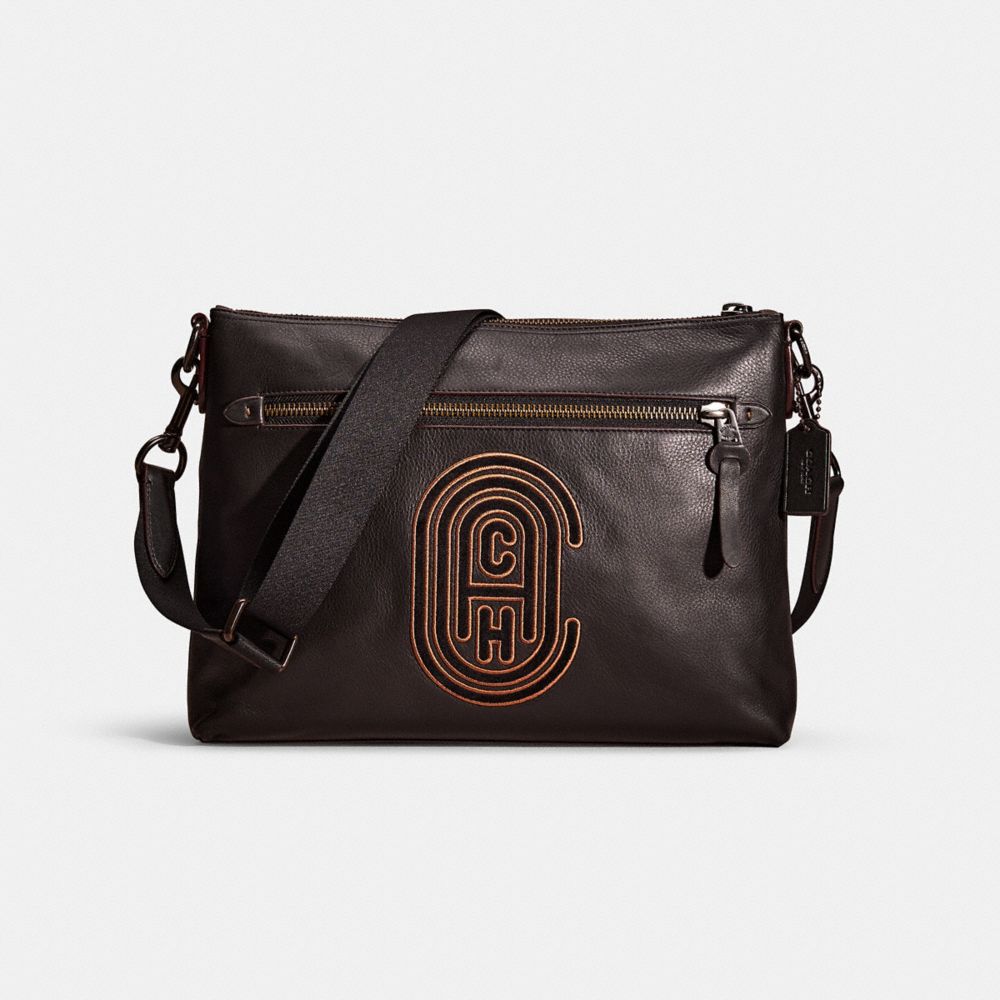 COACH®,Restored Rivington Messenger With Coach Patch,Leather,Crossbody,Casual,Black,Front View