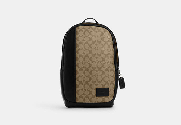 COACH®,EDGE BACKPACK IN SIGNATURE CANVAS,Coated Canvas,Extra Large,Gunmetal/Khaki/Black,Front View image number 0