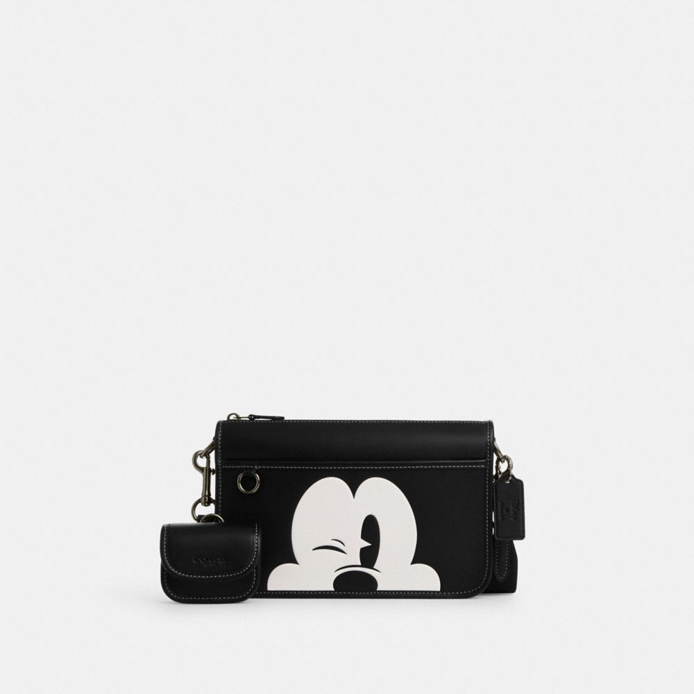 COACH®,DISNEY X COACH HERITAGE CONVERTIBLE CROSSBODY WITH WINK MICKEY MOUSE,Small,Gunmetal/Black/White,Front View