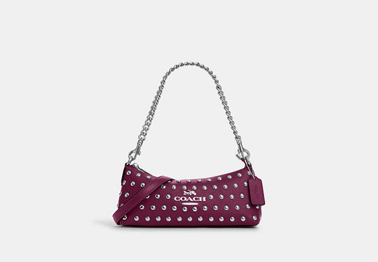 COACH®,CHARLOTTE SHOULDER BAG WITH RIVETS,Mixed Material,Anniversary,Silver/Deep Berry,Front View image number 0