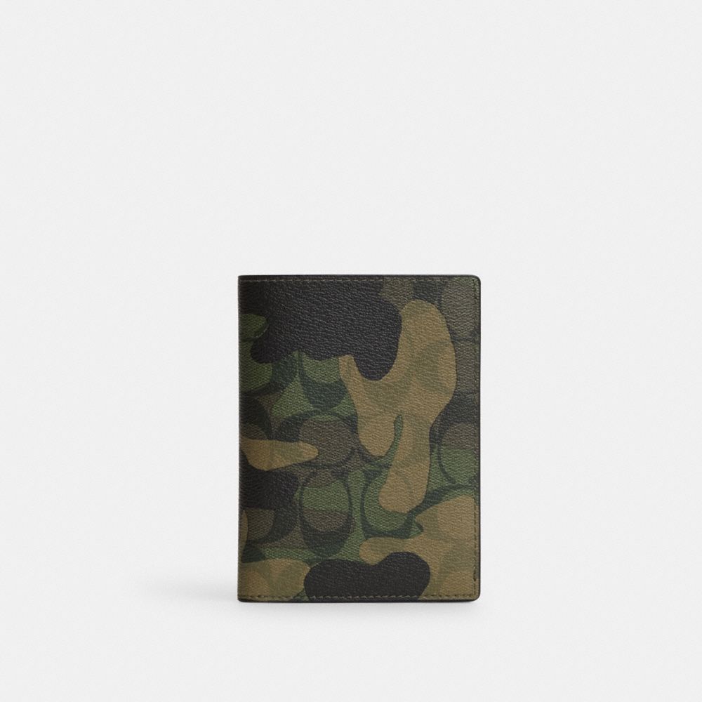 COACH®,PASSPORT CASE IN SIGNATURE CANVAS WITH CAMO PRINT,Signature Coated Canvas,Mini,Gunmetal/Green Multi,Front View