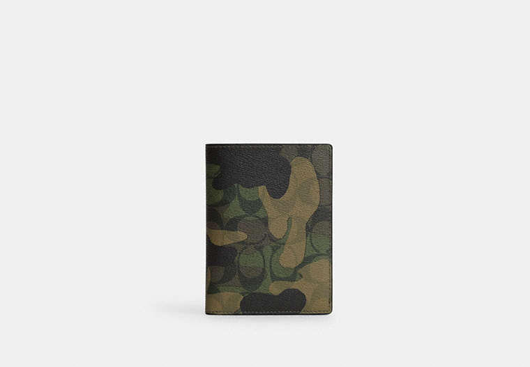 COACH®,PASSPORT CASE IN SIGNATURE CANVAS WITH CAMO PRINT,Signature Coated Canvas,Gunmetal/Green Multi,Front View image number 0