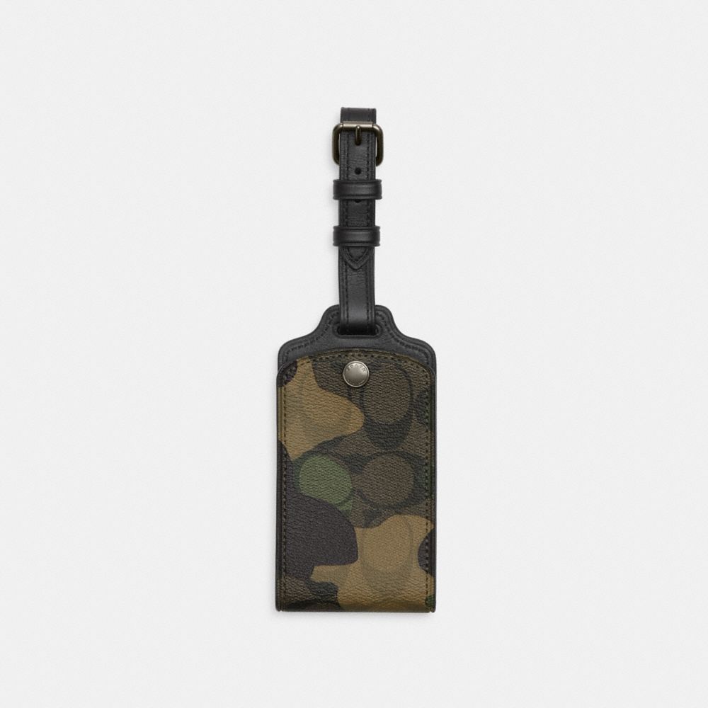 COACH®,LUGGAGE TAG IN SIGNATURE CANVAS WITH CAMO PRINT,Gunmetal/Green Multi,Front View