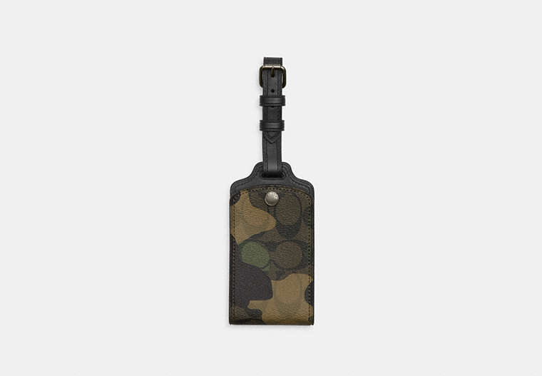 COACH®,LUGGAGE TAG IN SIGNATURE CANVAS WITH CAMO PRINT,Signature Coated Canvas,Gunmetal/Green Multi,Front View