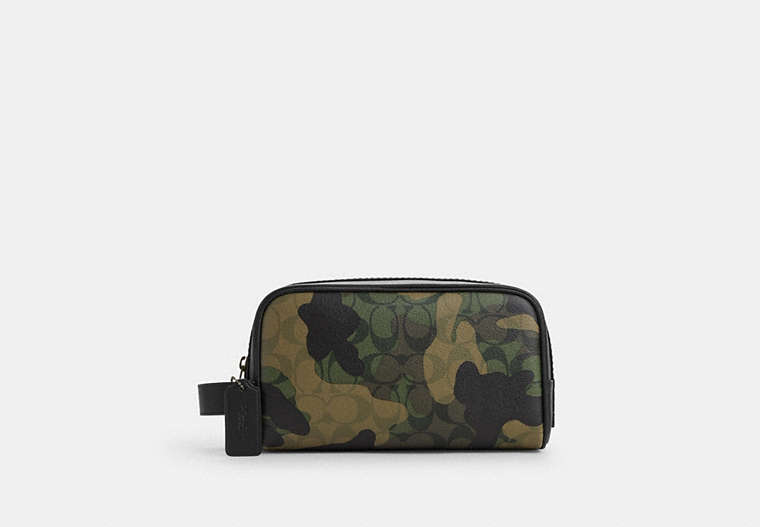 COACH®,SMALL TRAVEL KIT IN SIGNATURE CANVAS WITH CAMO PRINT,Signature Coated Canvas,Medium,Gunmetal/Green Multi,Front View