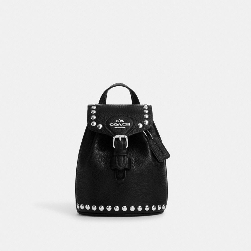 COACH®,AMELIA CONVERTIBLE BACKPACK WITH RIVETS,Novelty Leather,Medium,Silver/Black,Front View